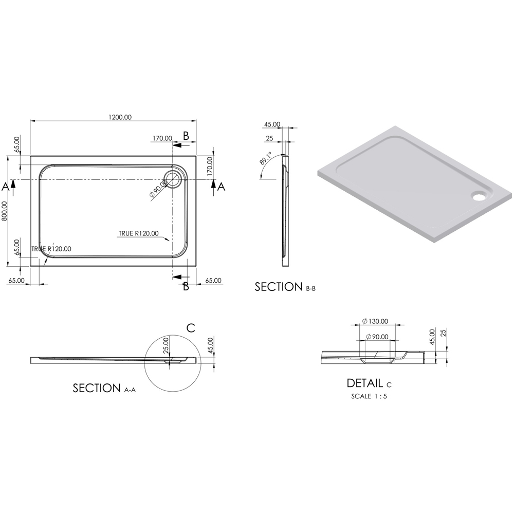 Bathstore 45mm White Glass Reinforced Plastic Rectangular Shower Tray with Chrome Waste 1200 x 800mm Image 3