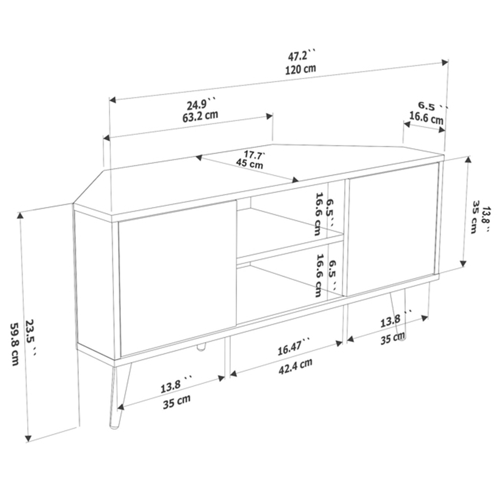 Decorotika Lesson 2 Door 2 Shelf Walnut and Black Corner TV Stand Image 9
