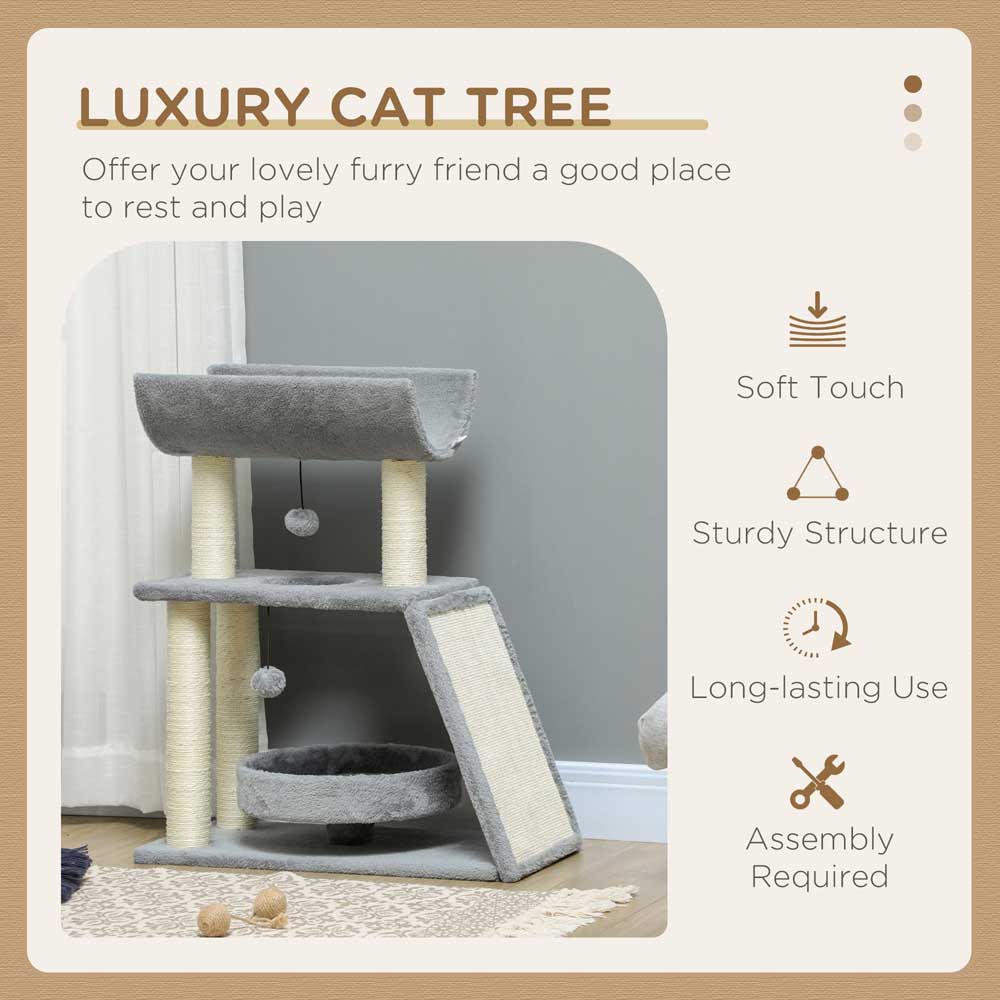 PawHut Grey Cat Tree Kitten Tower with Scratching Post Image 3