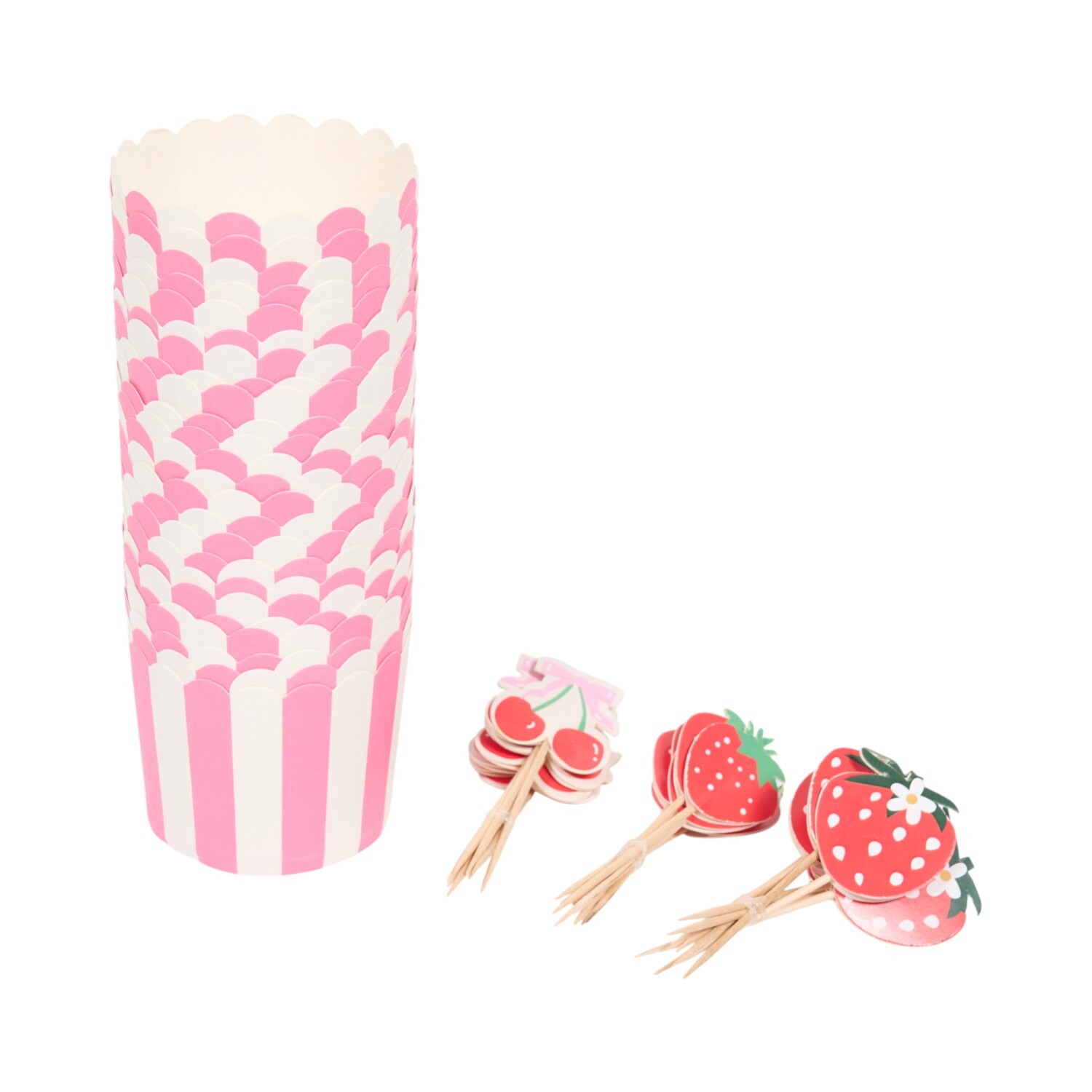 48 Piece Striped Cupcake Cases with Strawberry Picks Pink Image 1