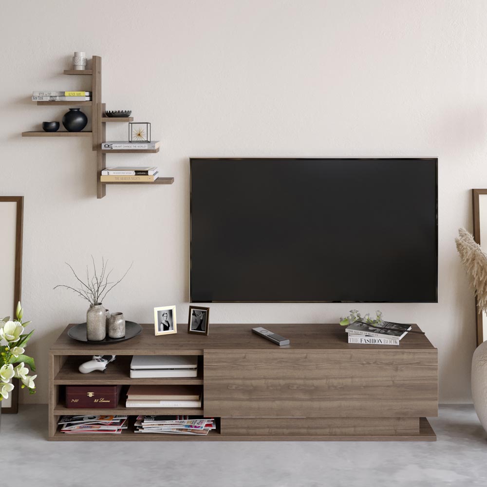 Decorotika Linda 3 Shelf Walnut TV Unit and 6 Tier Wall Shelf Image 6