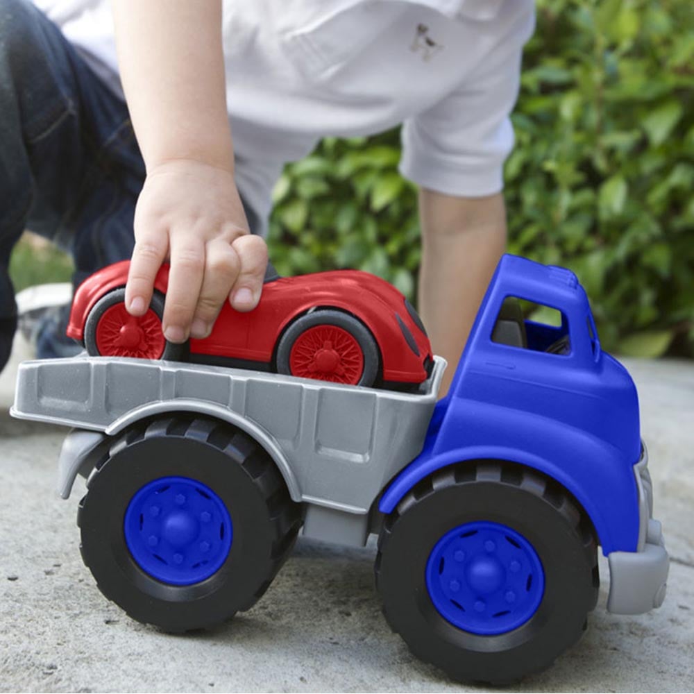 BigJigs Toys Green Toys Flatbed Truck and Race Car Image 2