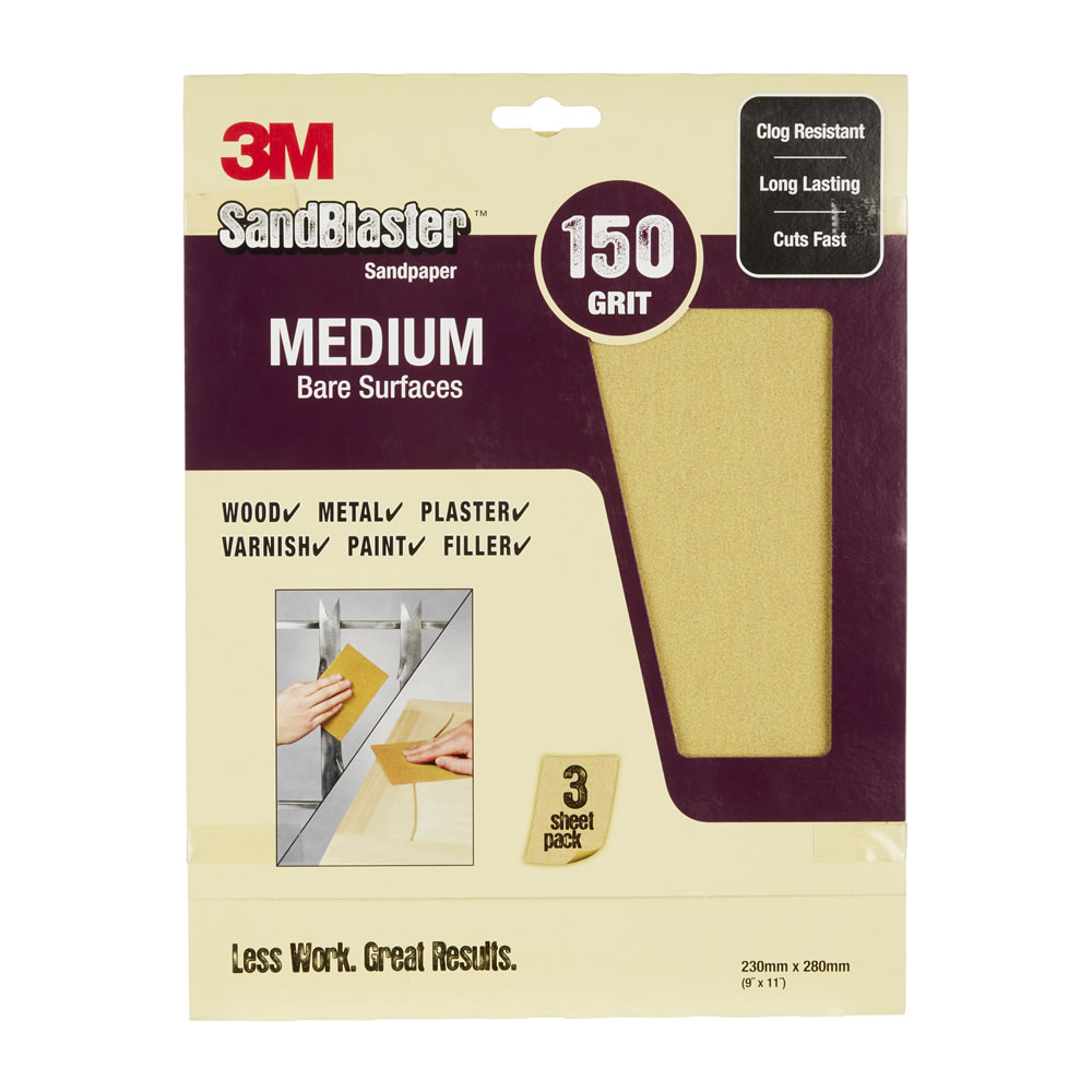 3M Sandblaster Sandpaper 150 Grit Medium 3pk Wilko
