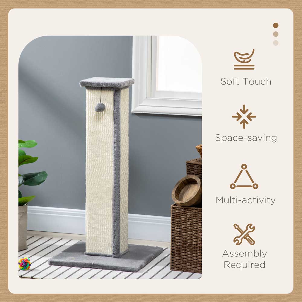 PawHut 81cm Cat Scratching Post w/ Sisal Rope, Hanging Ball, Soft Plush - Grey Image 5