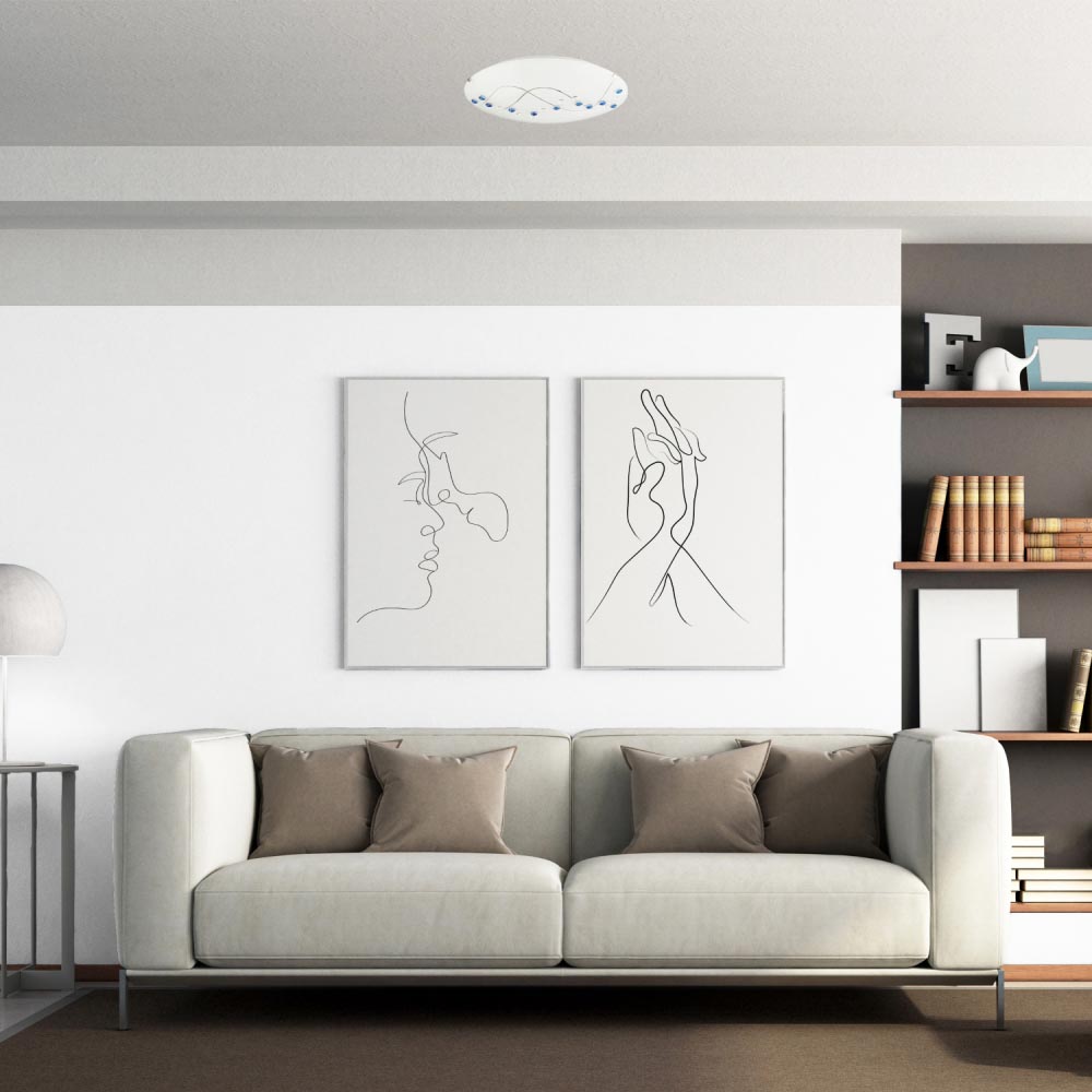 Happy Homewares Round Opal Glass Ceiling Light with Blue and Clear Crystal Buttons Image 2