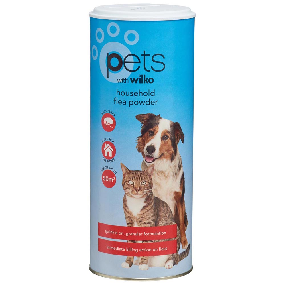 Wilko Household Flea Powder 500g Our household flea powder will kill fleas and leave your home fragrant and flea-free. This insecticidal powder is for use on pet bedding, soft furnishings, rugs, carpets and more. For the safety of you and your pets, always read the instructions before use.Use only as a home insecticide. Keep out of reach of children. Active ingredients include: permethrin 0.5%w/w. Extremely dangerous to fish and aquatic life. HSE 7201. Wilko Household Flea Powder 500g