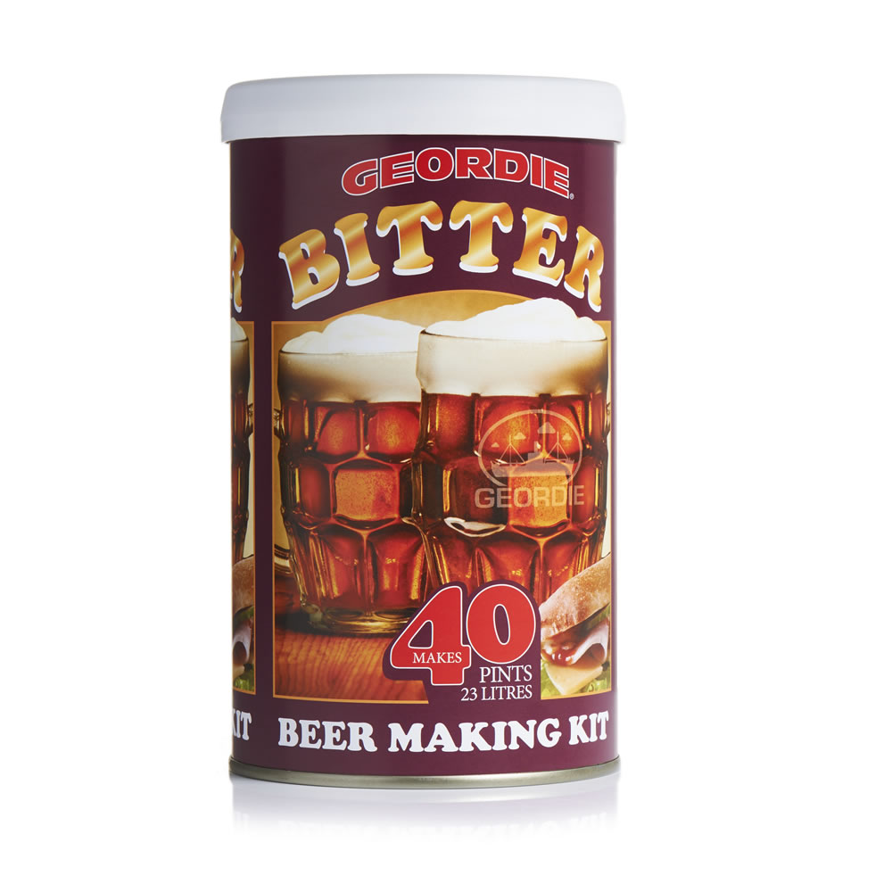 Geordie Bitter Beer Brewing Kit 1.5kg  - wilko This no-nonsense Geordie bitter beer-making kit makes 40 pints (23 litres) of easy drinking, traditional, well-hopped bitter beer with a rich, nutty flavour. Simply add sugar and water. ABV: 3.8% approx. Requires use of your own beer-making equipment (sold separately). For further intructions on how to brew at home click here Geordie Bitter Beer Brewing Kit 1.5kg