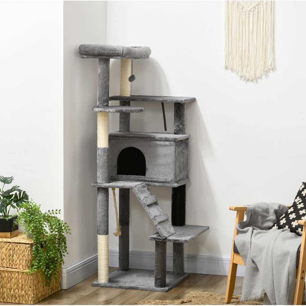 PawHut Cat Tree Tower for Indoor Cats with Scratching Post, House, Toy, Grey Image 4