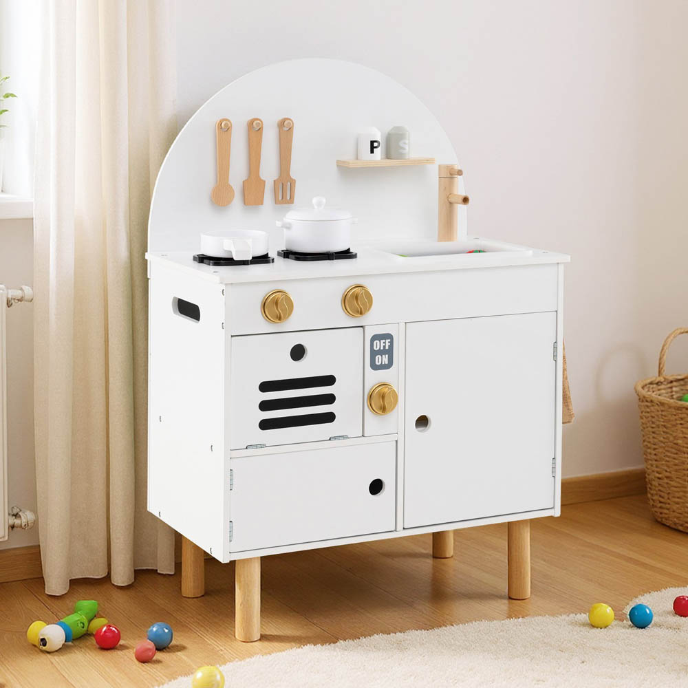 Costway Kids White Wooden Kitchen Play Set with Stoves Faucet Image 2