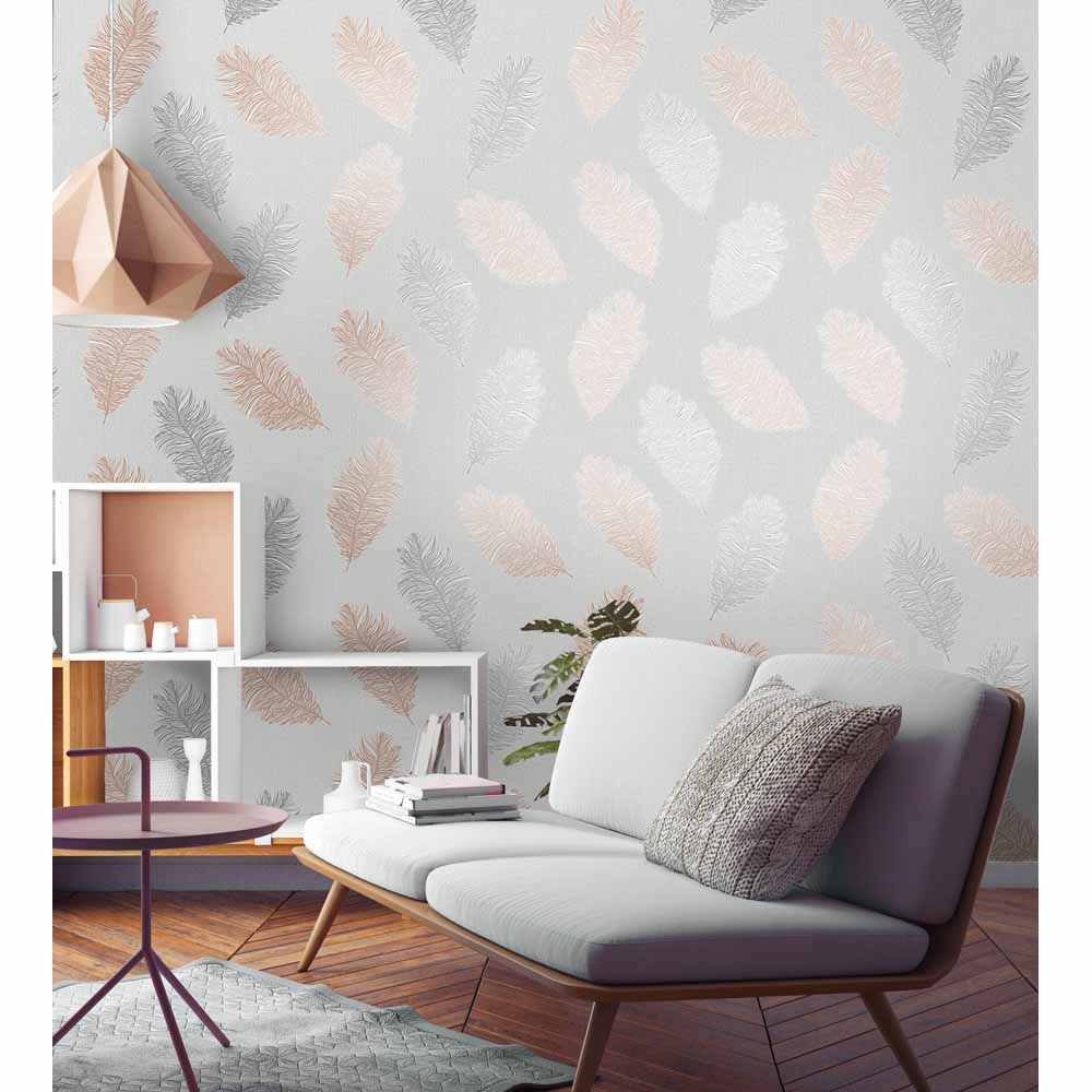 Holden Decor Astonia Feather Glitter Metallic Rose Gold/Grey Wallpaper Image 2