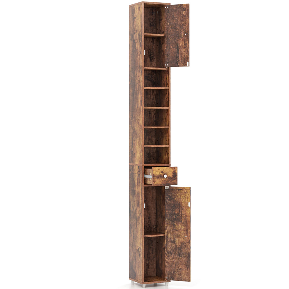 Costway Single Drawer 2 Door 5 Shelf Rustic Brown Tall Freestanding Bathroom Cabinet Image 4