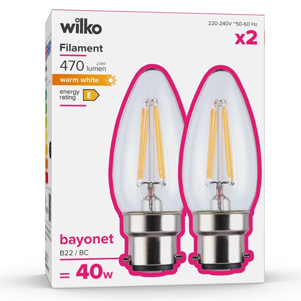 Wilko 2 pack Bayonet B22/BC 470lm LED Filament Candle Light Bulb Non Dimmable Image 1
