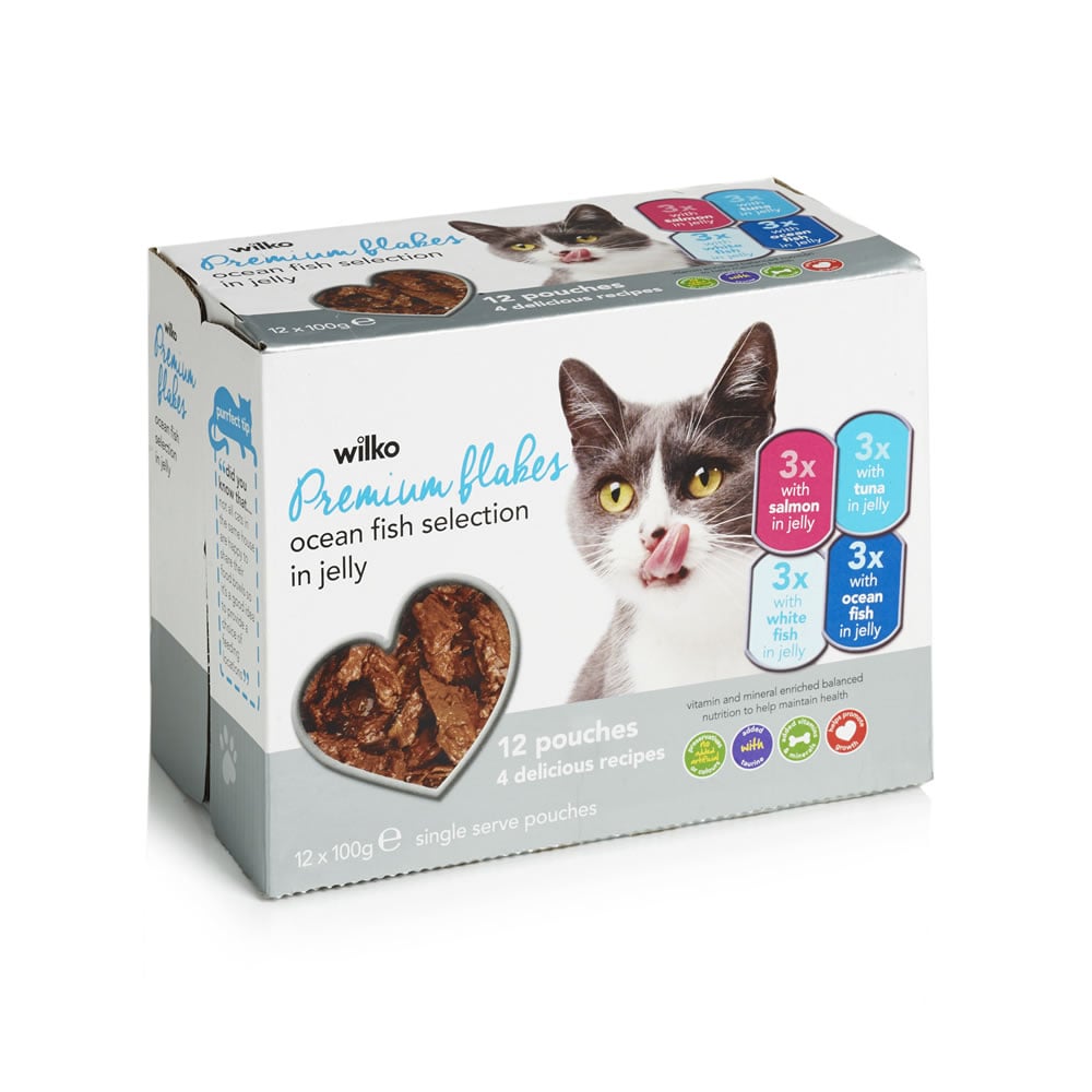 Wilko Pouch Cat Food Premium Fish Selection Flakes in Jelly 12 x 100g