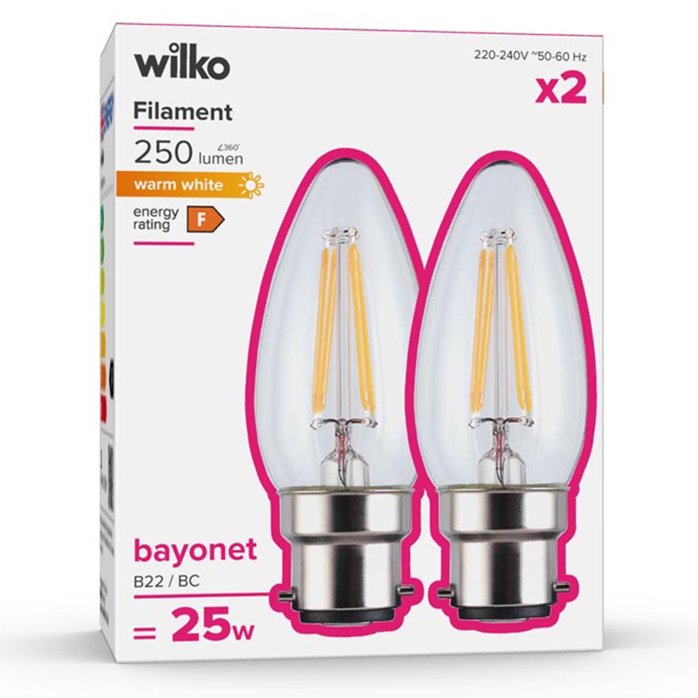 Wilko 2 pack Bayonet B22/BC 250lm LED Filament Candle Light Bulb Non Dimmable Image 1