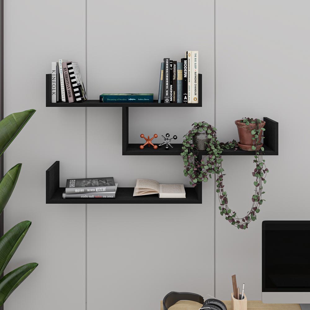 Decortie Tibet 3 Shelf Black Wood Zigzag Wall Mounted Bookcase Image 3
