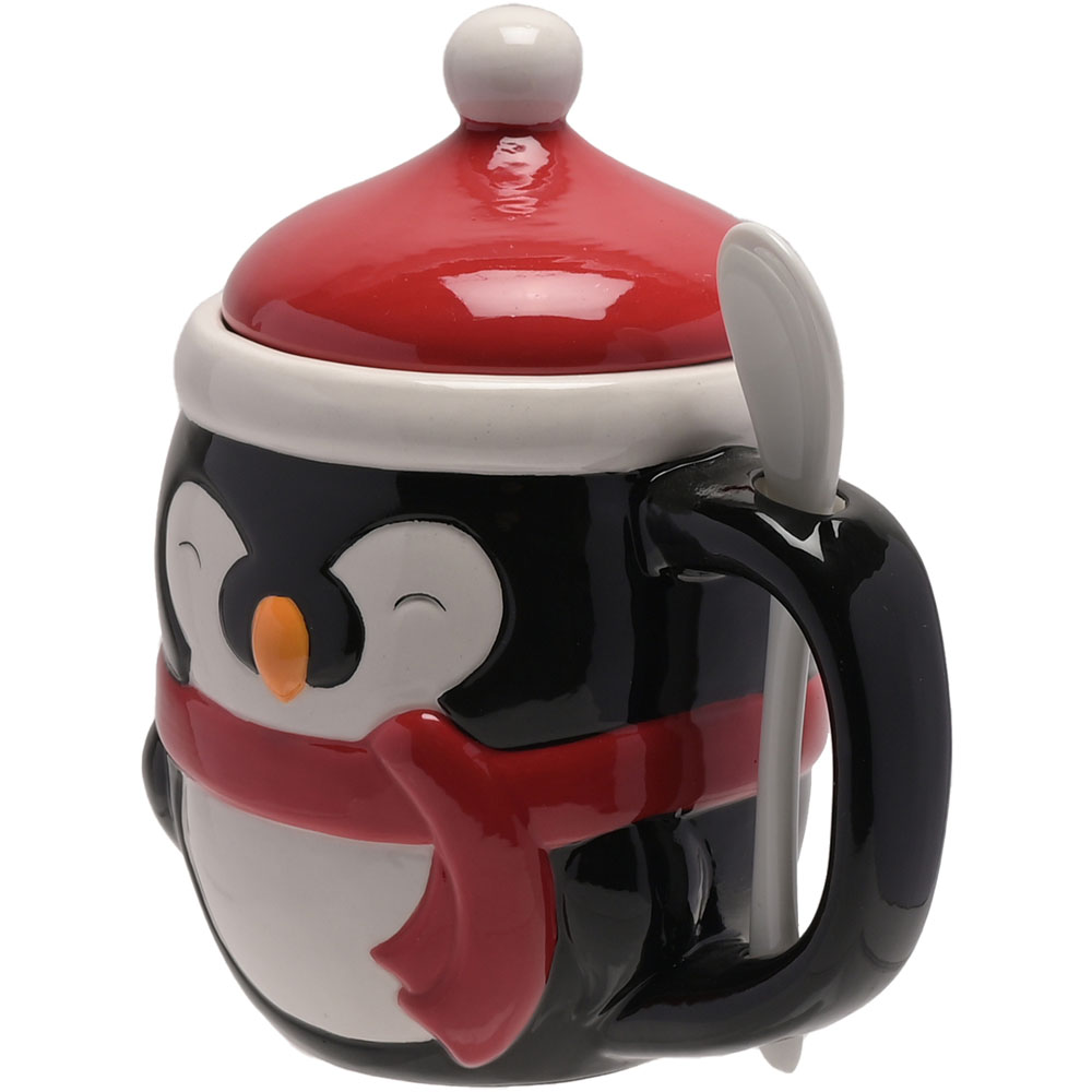 The Christmas Gift Co Black Lidded Penguin Mug with Spoon Image 3