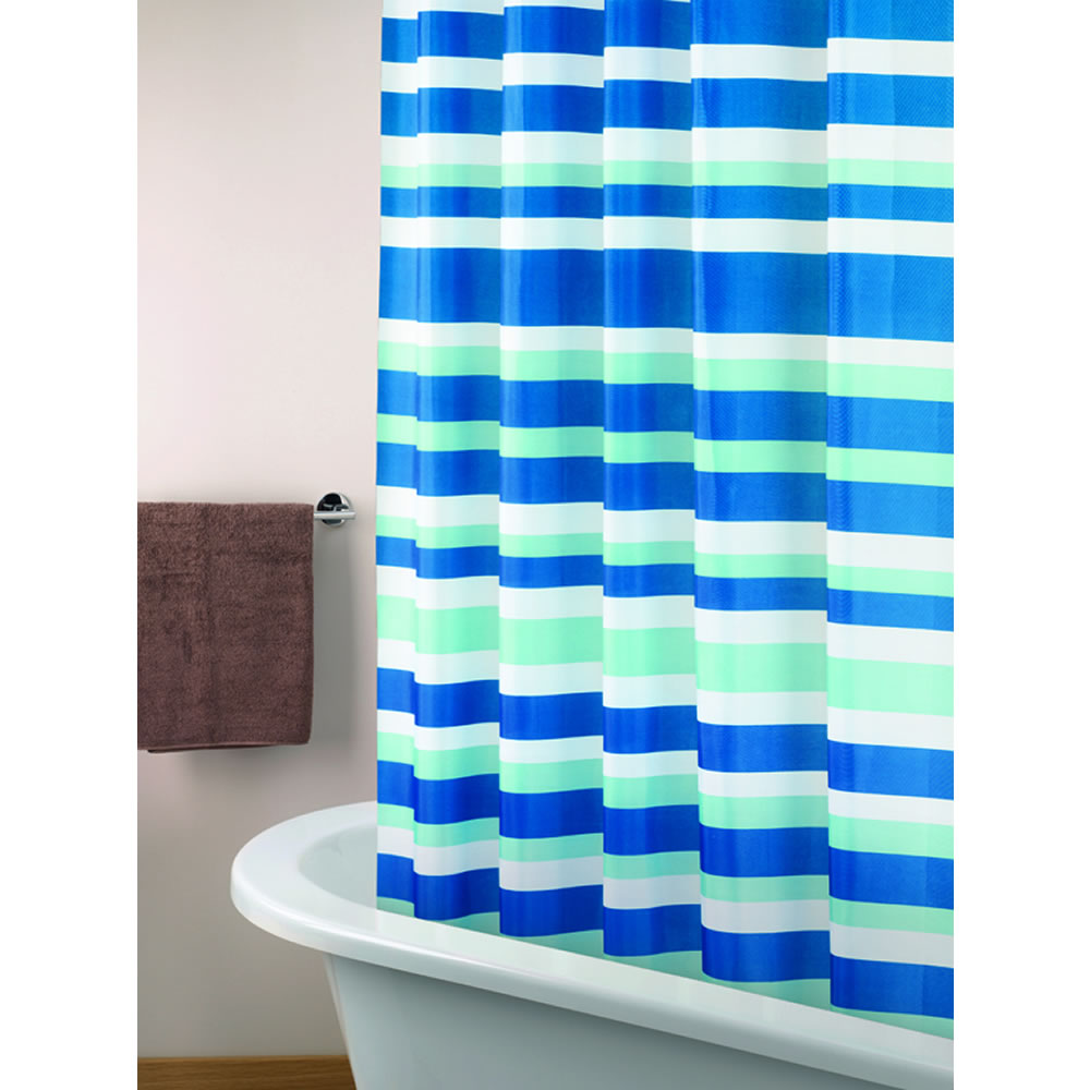 Wilko Blue White and Aqua Stripe Shower Curtain Image
