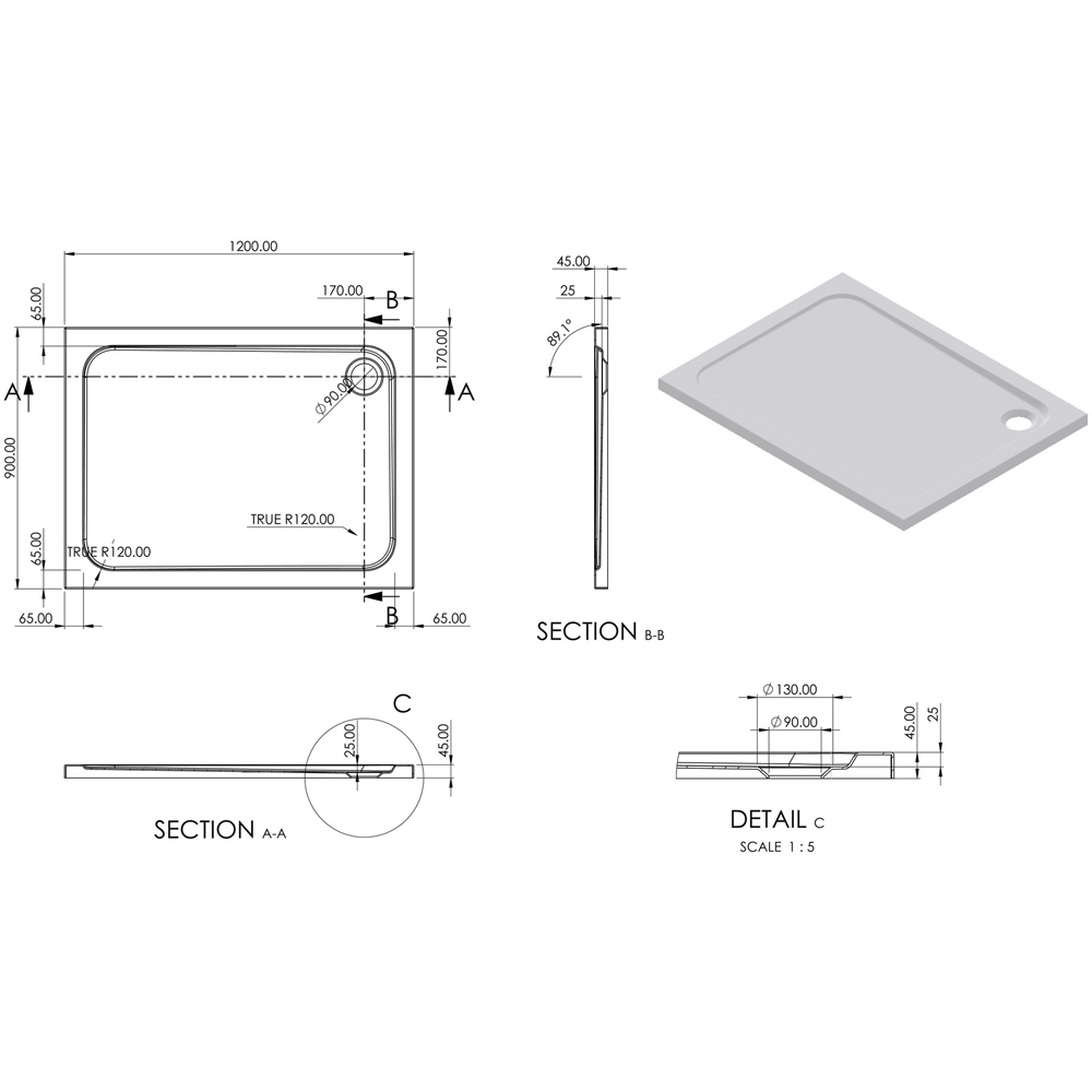 Bathstore 45mm White Glass Reinforced Plastic Rectangular Shower Tray with Chrome Waste 1200 x 900mm Image 3
