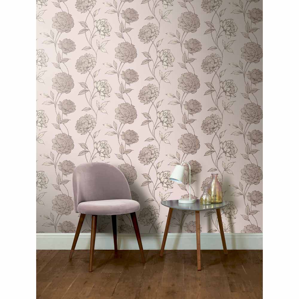 Arthouse Opera Pretty Floral Metallic Blush Wallpaper Image 2