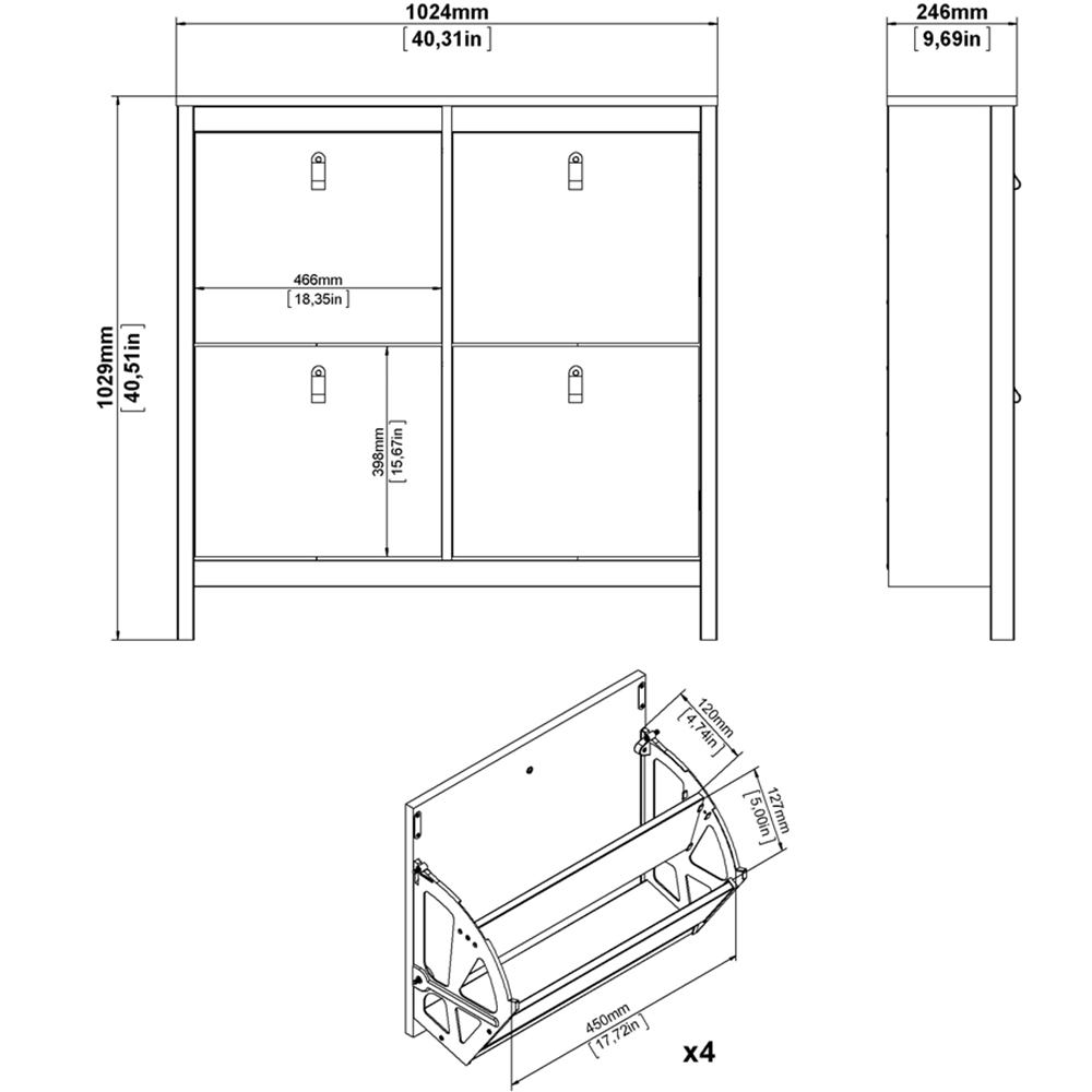 Florence Barcelona 4 Flip Down Doors Matt Black Shoe Cabinet Image 8