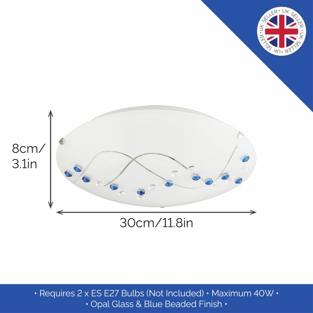 Happy Homewares Round Opal Glass Ceiling Light with Blue and Clear Crystal Buttons Image 7