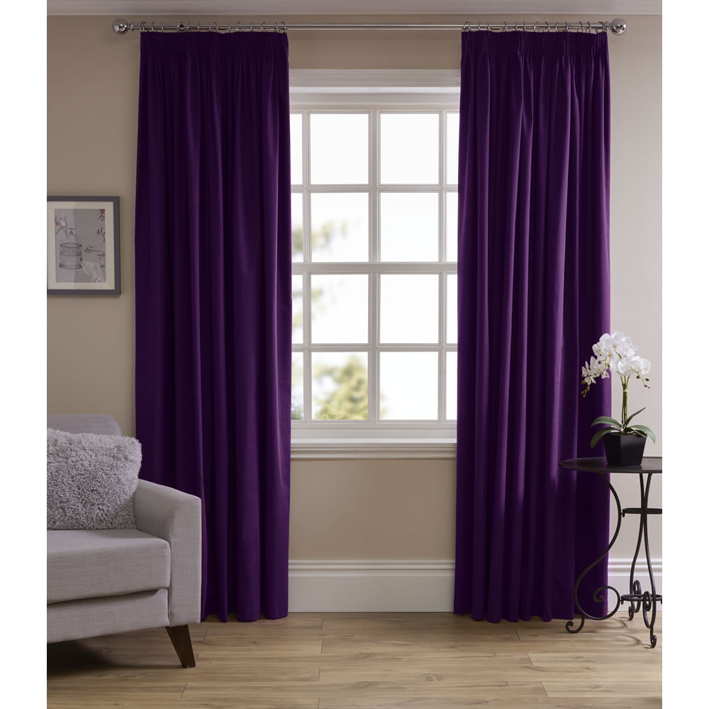 Wilko Plum Thermal Blackout Pencil Pleat Curtains 167 W x 137cm D Image 1