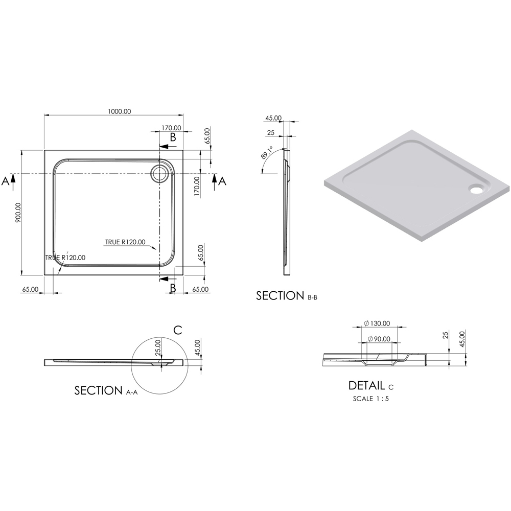 Bathstore 45mm White Glass Reinforced Plastic Rectangular Shower Tray with Chrome Waste 1000 x 900mm Image 3