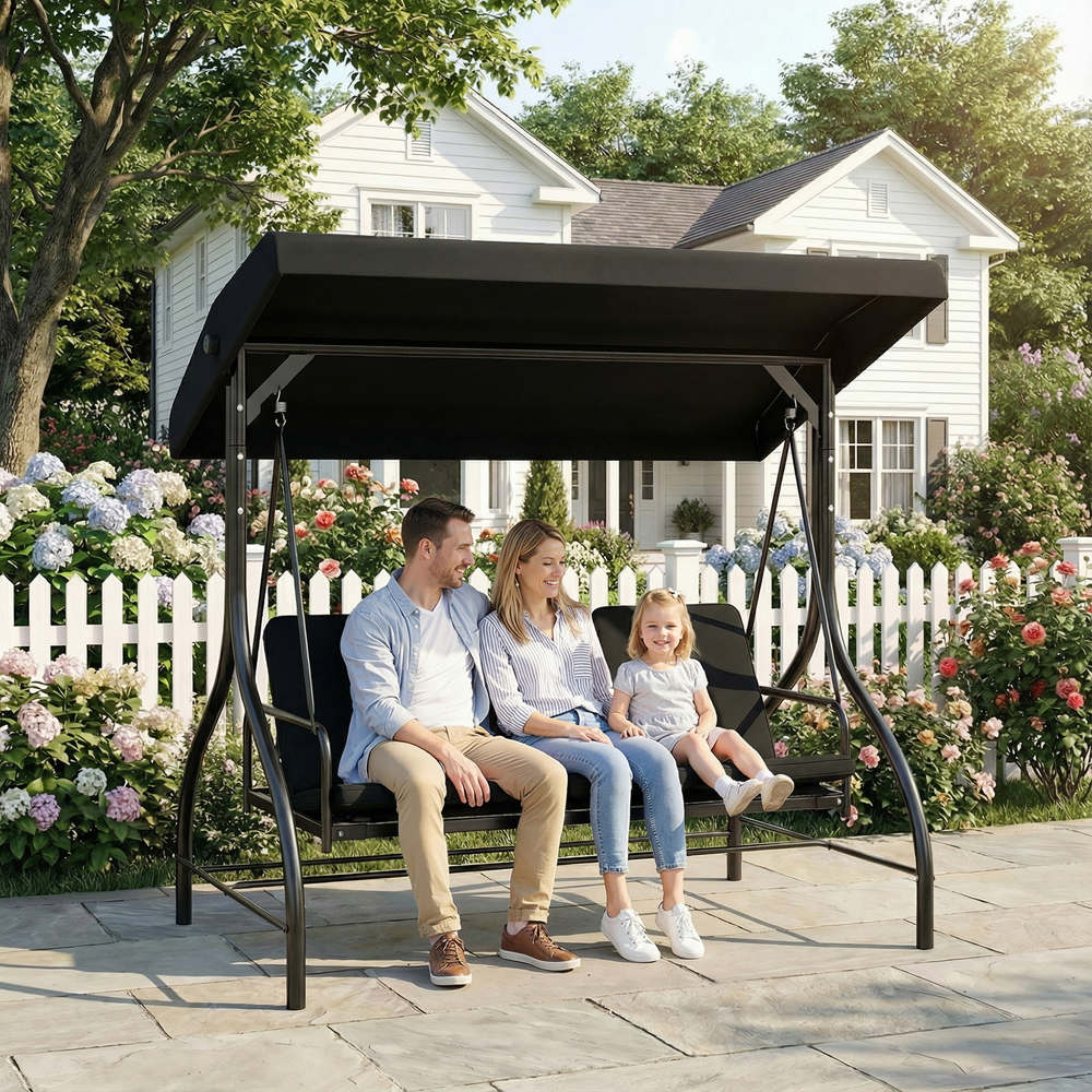 Outsunny 3 Seater Black Garden Swing Chair with Canopy Image 1
