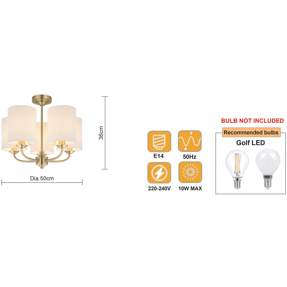 Cosylyte Winston 5 Light Classic Faux Linen Drum Shade Brass Ceiling Light Image 9