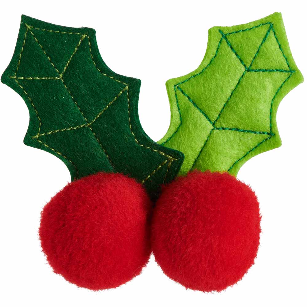 Wilko Merry Felt Holly Leaf and Pom Pom Berry Clip Christmas Baubles 6 Pack Image 2