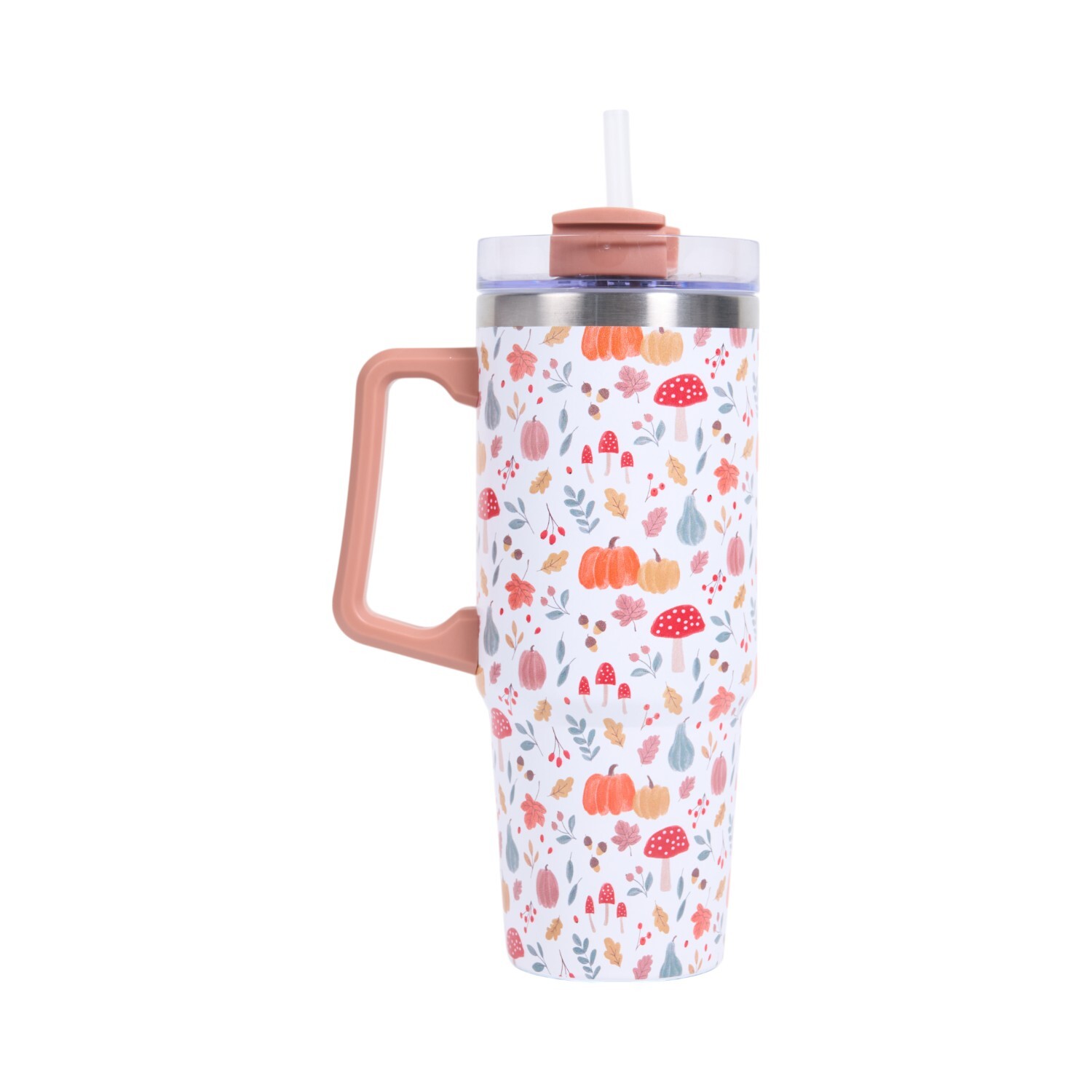 3D Autumn Print Stainless Steel Tumbler 850ml White and Orange Image 2