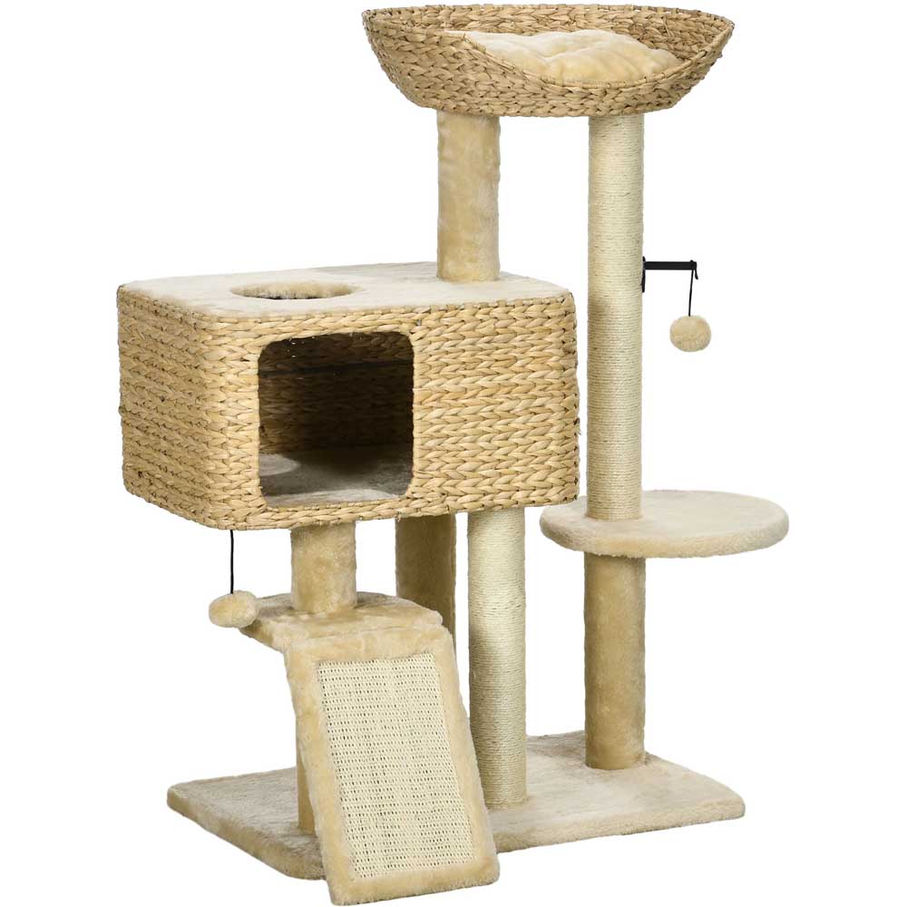 PawHut 95cm Cat Tree Tower w/ Scratching Post, Cat House, Ball, Platform - Beige Image 1