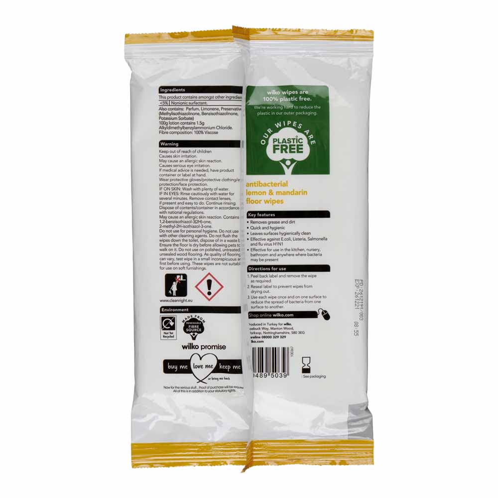 Wilko Plastic Free Antibacterial Lemon Floor Wipes 6 x 15 Multipack Image 3
