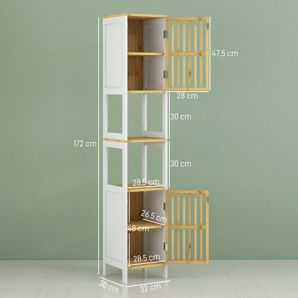 HOMCOM 2 Door 2 Shelf White Tall Bamboo Bathroom Cabinet Image 9