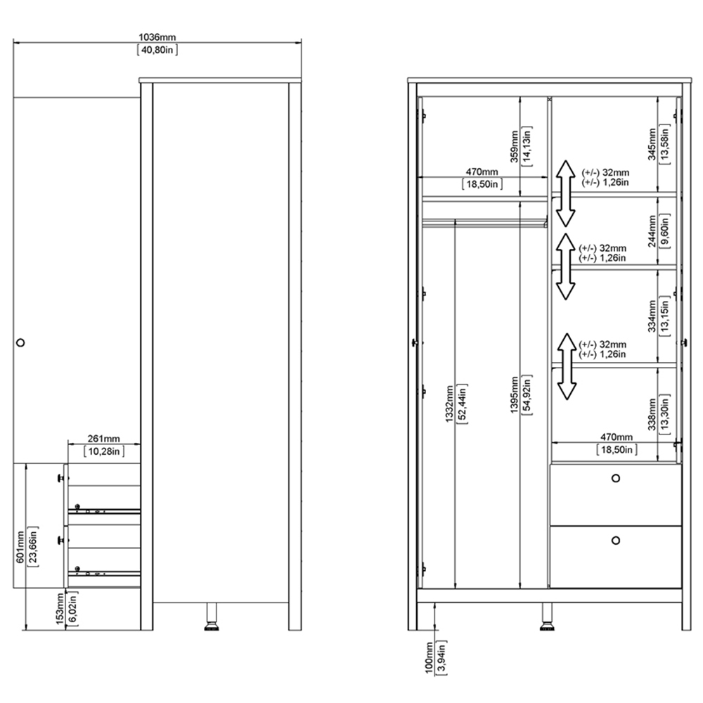 Florence Madrid 2 Door 2 Drawer Matt Black Wardrobe with Mirror Door Image 7