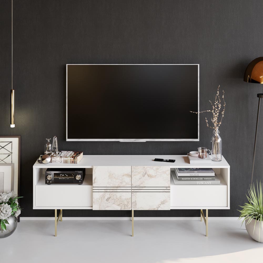Decorotika Derin White Marble and Gold TV Unit Image 4