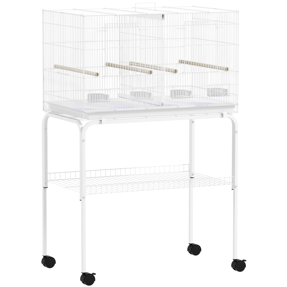 PawHut White 4 Wooden Perches Bird Cage with Divider and Tray Image 1