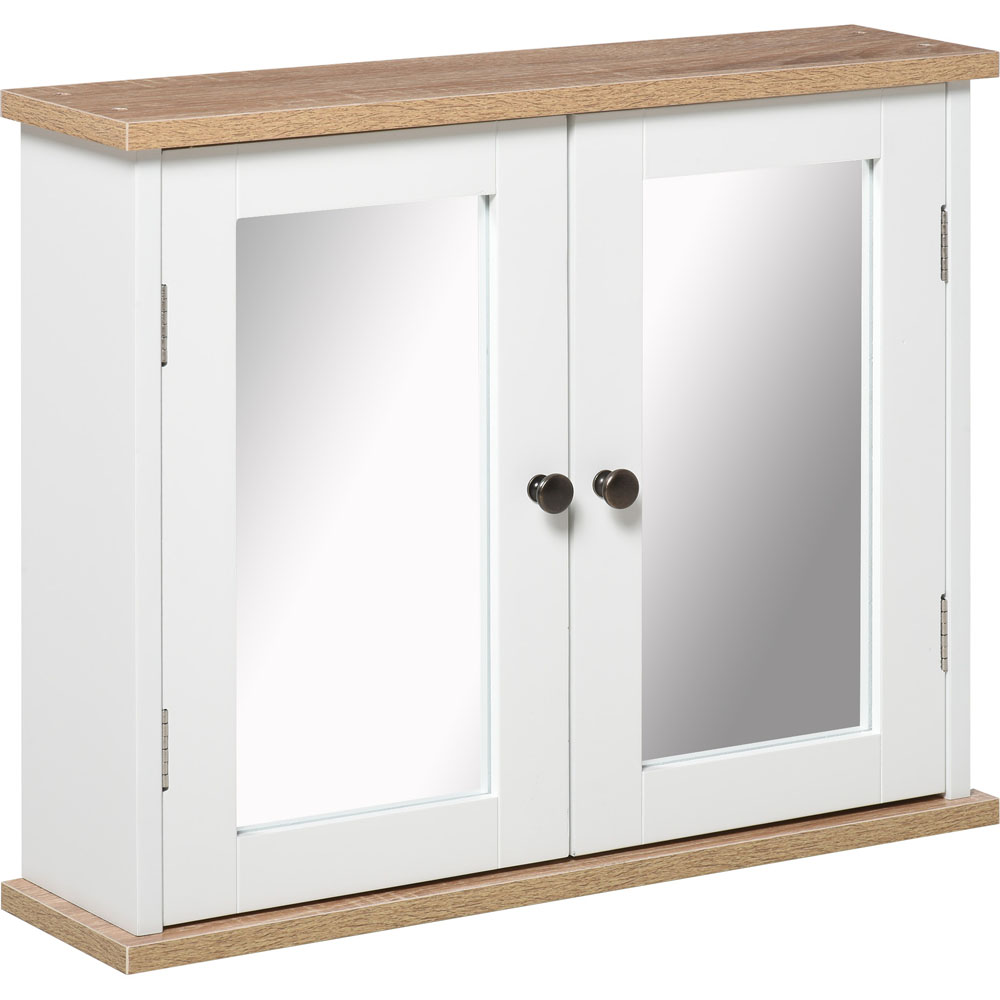 Kleankin White and Brown Wood Effect Storage Mirror Bathroom Cabinet Image 2