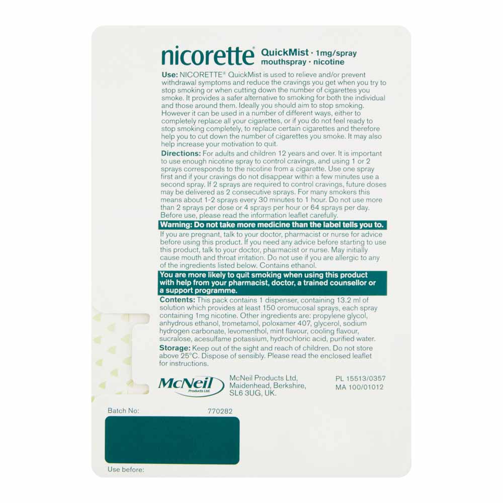 Nicorette Quickmist Nicotine Mouth Spray 1mg Image 2