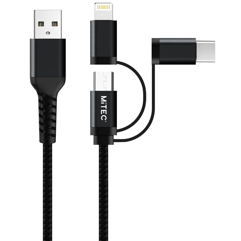 MiTEC MiPOWER Black Braided Lightning USB-C Micro USB to USB-A Cable 1m Image 1
