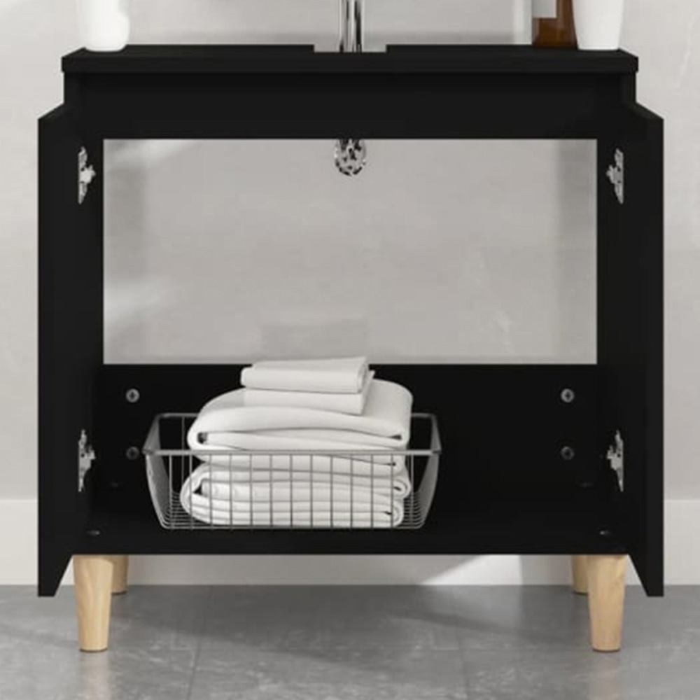 vidaXL 2 Door Black Bathroom Sink Cabinet with Wooden Feet Image 1