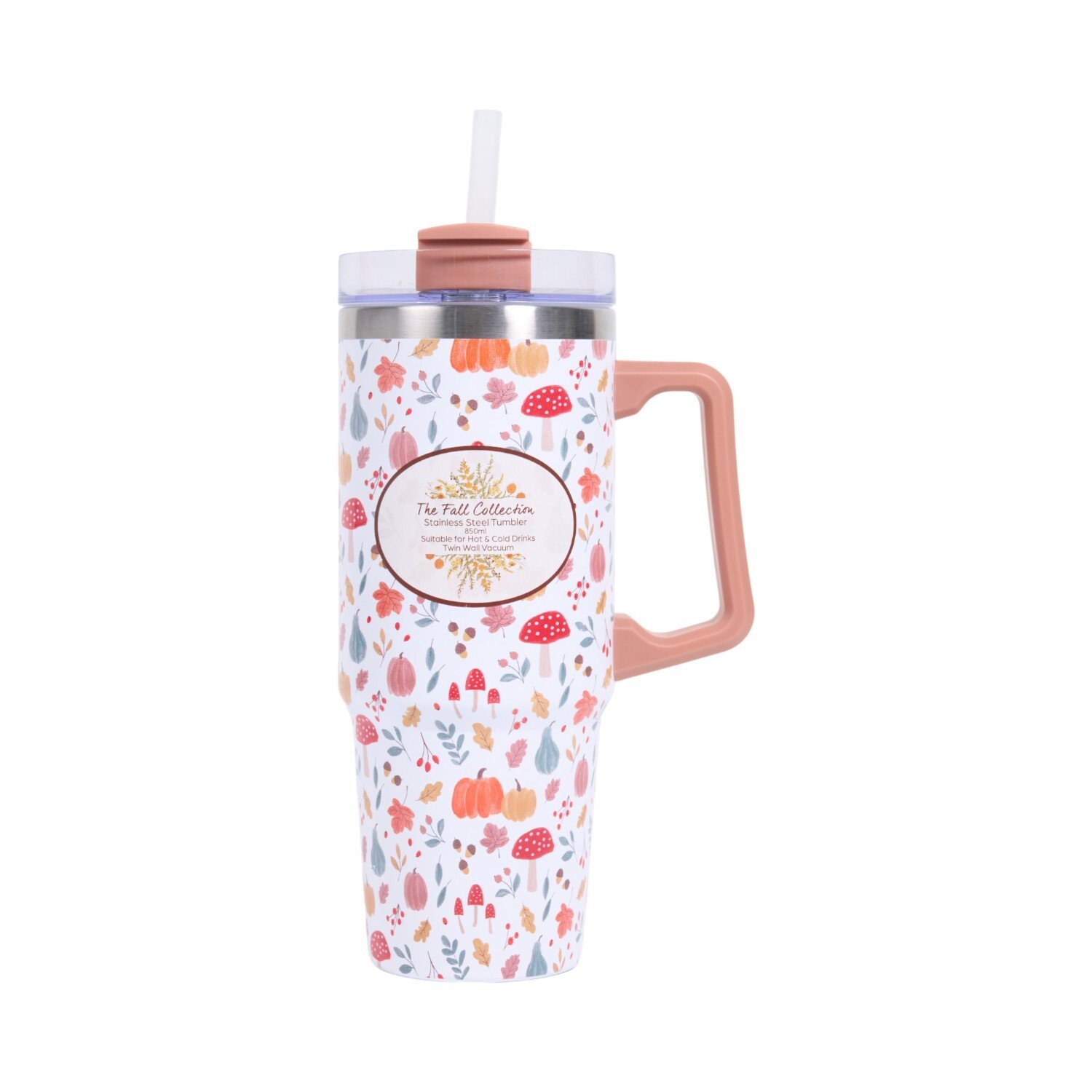 3D Autumn Print Stainless Steel Tumbler 850ml White and Orange Image 1