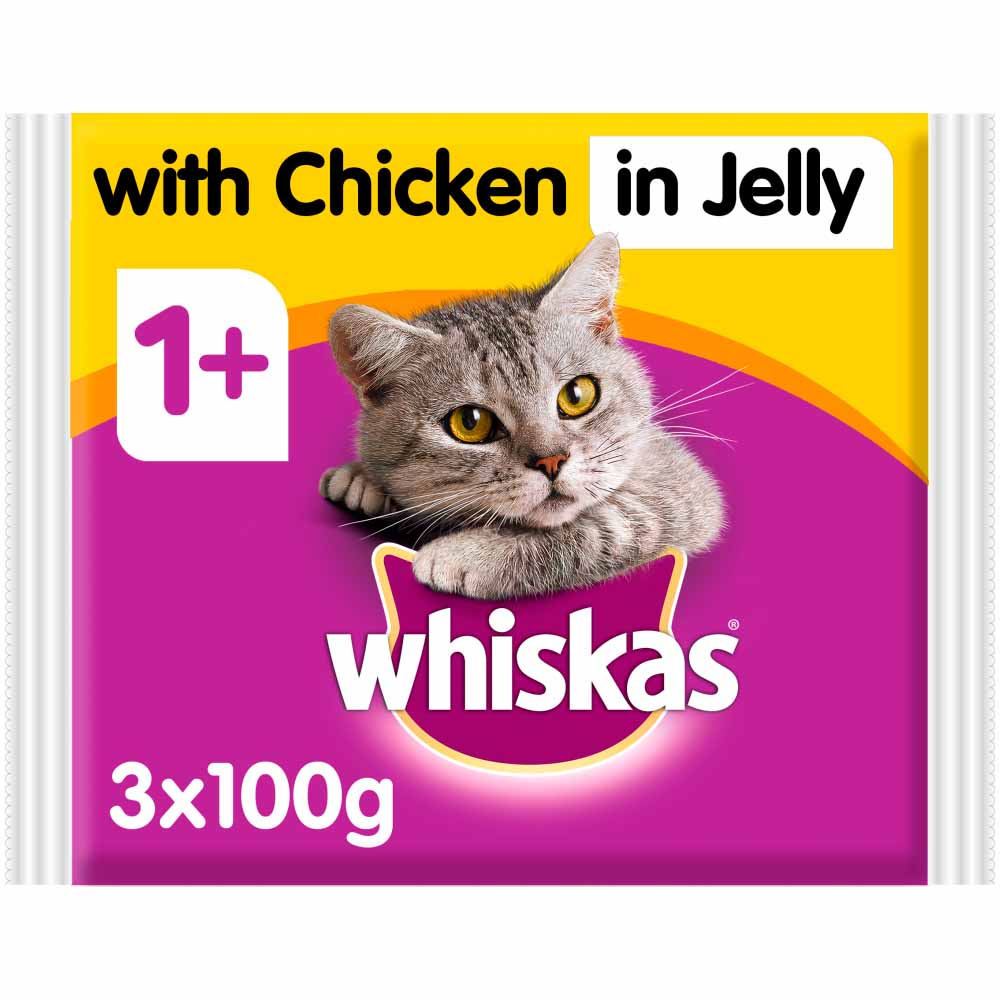 Whiskas Adult Wet Cat Food Pouches Chicken in Jelly 3 x 100g Image 1