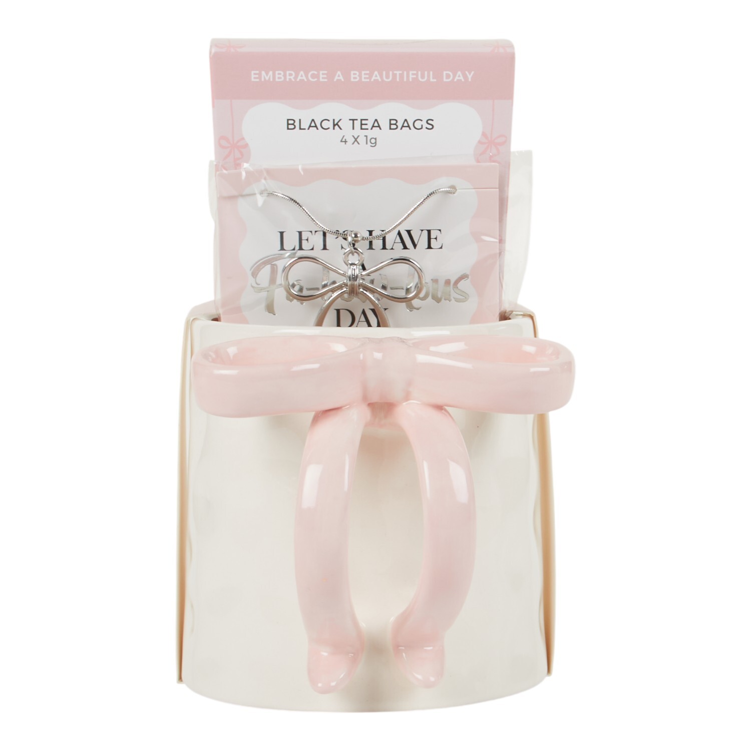 Bow Mug with Tea and Necklace Set Pink Image 1
