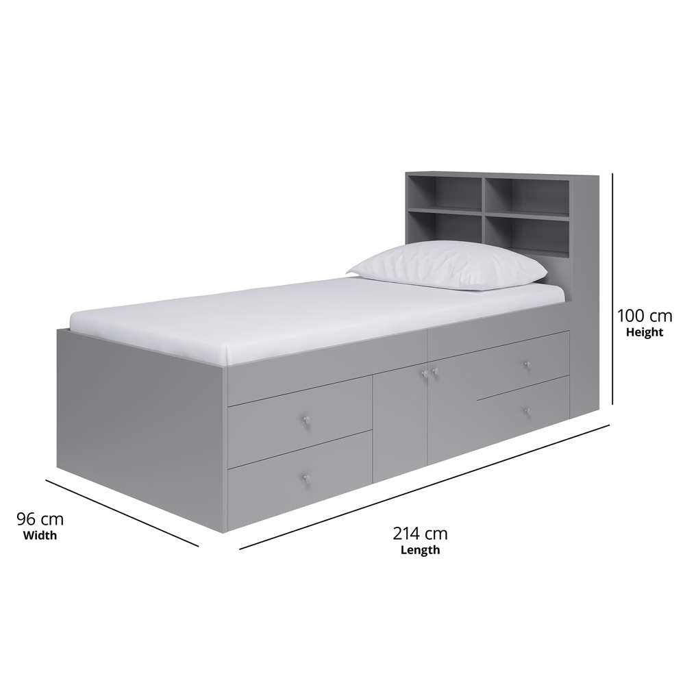 Kudl Captain Single 2 Door 4 Drawer Grey Cabin Bed with Bookcase Headboard Image 5