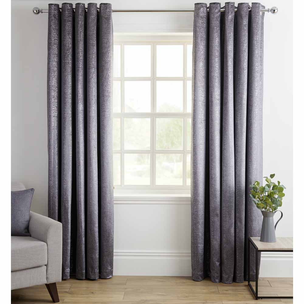 Wilko Grey Sparkle Velvet Eyelet Curtains 167 W x 137cm D Image 1
