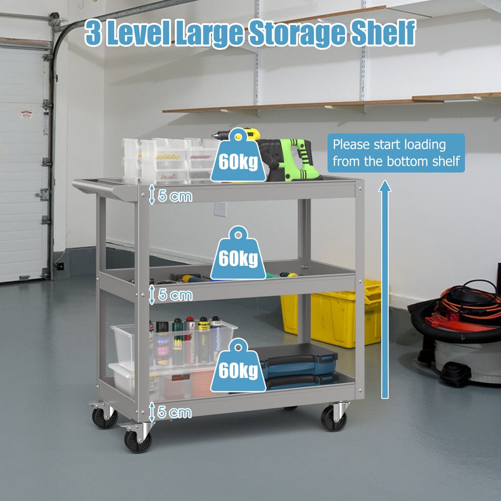 Costway 3 Shelf Grey Tool Trolley with Lockable Wheels Image 8