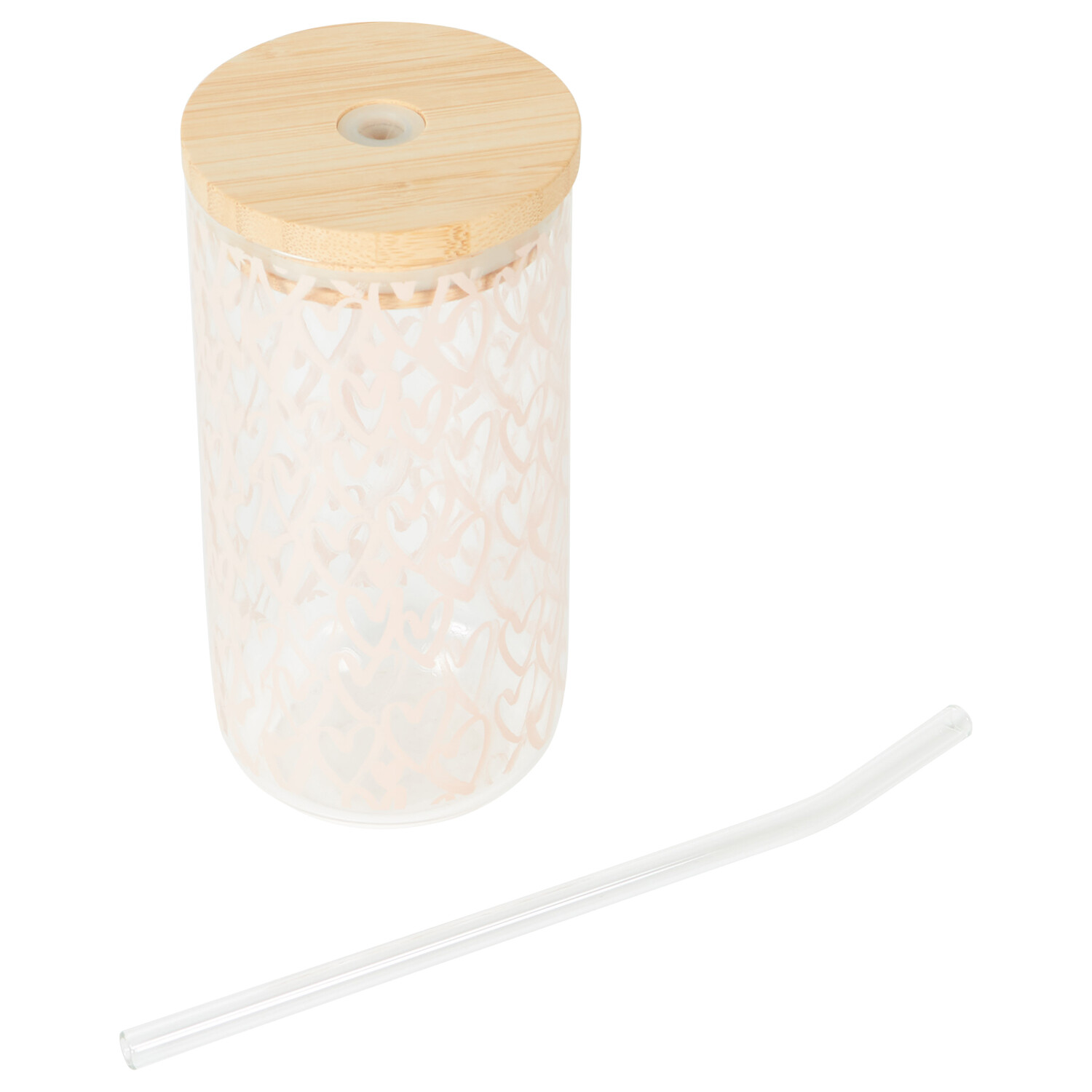 Glass Heart Jar with Lid and Straw - Pink and Clear Image 3