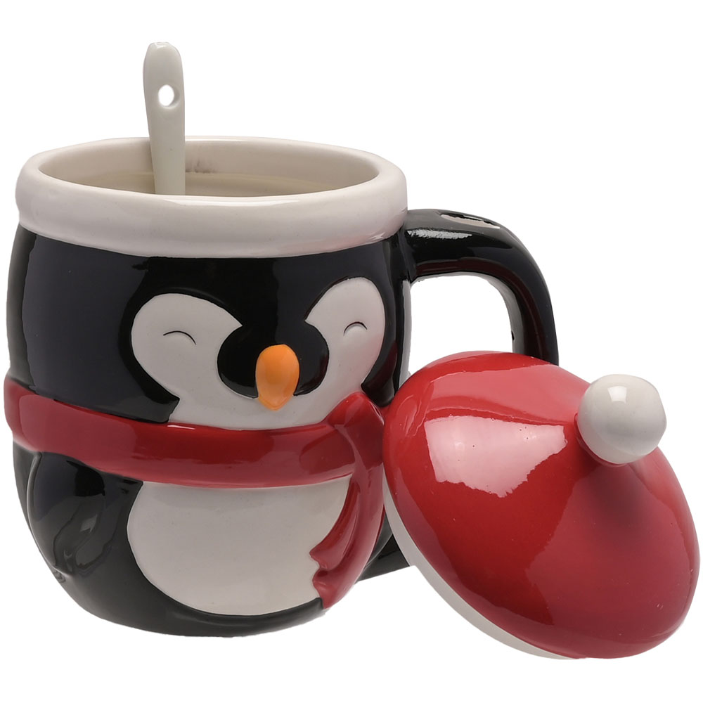 The Christmas Gift Co Black Lidded Penguin Mug with Spoon Image 4