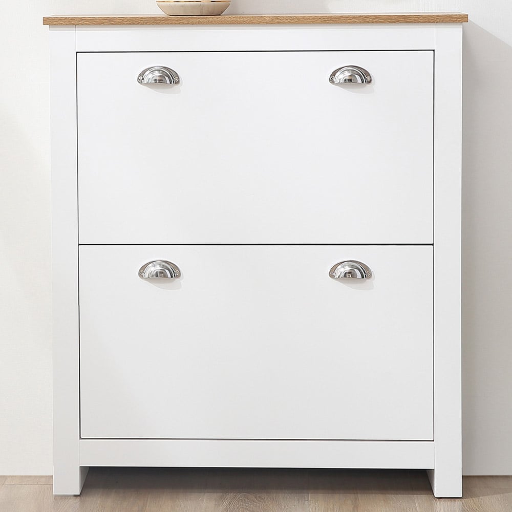 Portland 2 Drawer White Narrow Shoe Cabinet Image 1